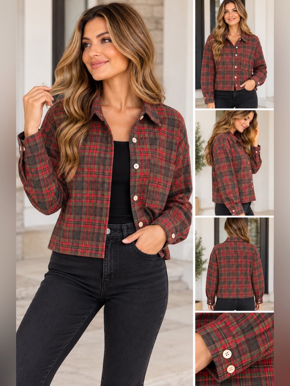 Jodifl Plaid Button-Front Shirt Jacket - Red & Green NWOT Small